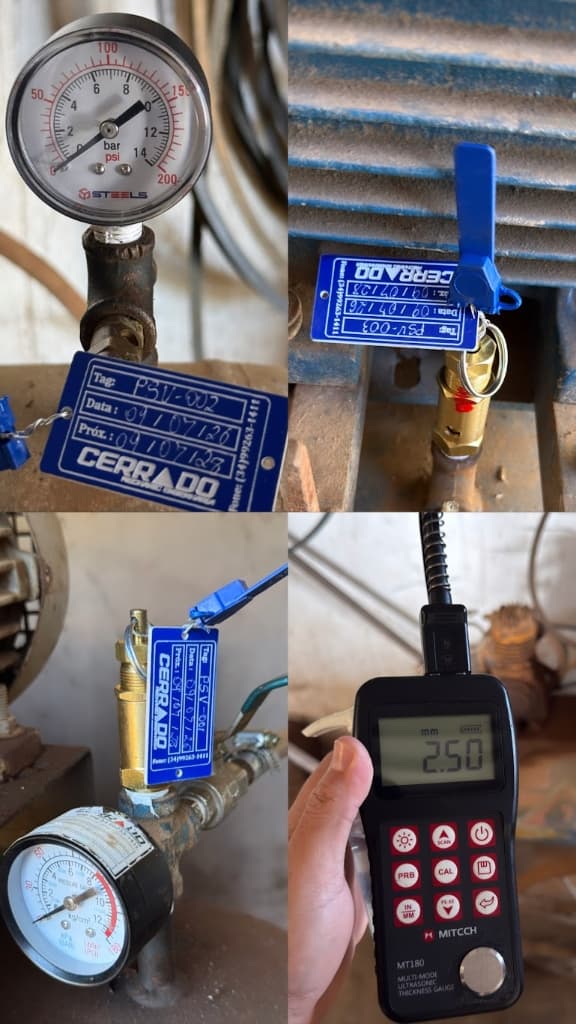 Equipe da Cerrado Mechanic realizando inspeção de campo com instrumentação — manômetros, tags e medidor ultrassônico